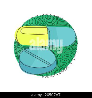 Einzelne durchgehende Linie Zeichnung medizinische Pille und Tablette Symbol. Tabletten oder Tabletten, Kapseln. Drogen- und Pillen-Symbol. Hintergrund des Kreiskreises der Verwirbelung Stock Vektor