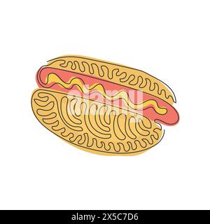 Durchgehende Einzeilenzeichnung mit leckerem Hot Dog. Minimalistischer Stil. Perfekt für Karten, Poster, Aufkleber, Kleidung. Lebensmittelkonzept. Wirbelnde Lockenform. Einzel Stock Vektor