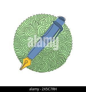 Durchgehender, einzeiliger Zeichenstift, Schreibsymbol. Linien- und Glyphenversion, Unterschriftenkontur und gefülltes Vektorzeichen. Hintergrundstil mit kreisenden Wellen. Stock Vektor