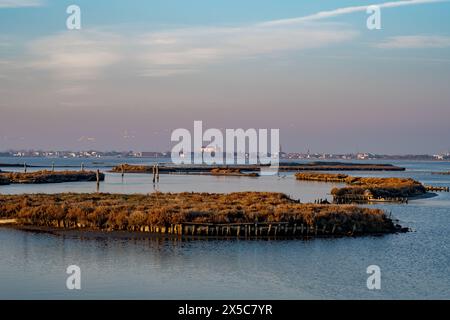 Regionaler Park des Po River Delta. Die Täler und die kleine Stadt Comacchio an einem hellen Wintertag; Provinz Ferrara, Emilia-Romagna, Italien Stockfoto