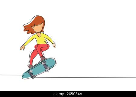 Einzelne durchgehende Linienzeichnung glückliches lächelndes Mädchen, das auf Skateboard spielt. Kind beschleunigt beim Springen. Kinder auf dem Skateboarden fahren auf dem Spielplatz. Stock Vektor