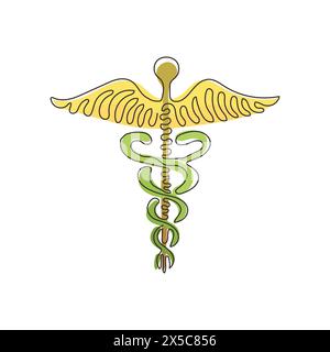 Einzelne eine Linie Zeichnung Caduceus - medizinisches Zentrum, Apotheke, Krankenhaus mit populärem Symbol der Medizin. Medizinisches Logo. Wirbelnde Lockenform. Moderner Continuo Stock Vektor