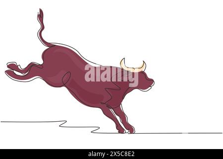 Durchgehende Linie, die wilden Bullenangriff zeigt. Elegance Büffel für den Nationalpark Logo-Schutz. Big Strong Bullen Maskottchen Konzept für Rodeo Stock Vektor