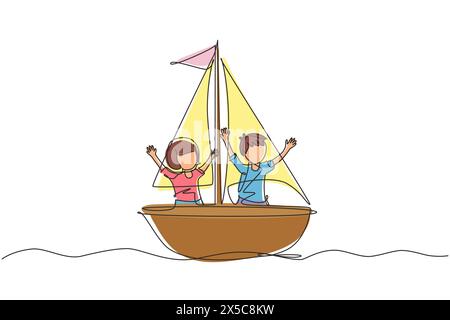 Durchgehende eine Linie, die lächelnden Jungen und Mädchen im Segelboot zusammen zeichnet. Glückliche Kinder, Segelboote. Niedliche Kinder auf dem Boot. Fröhliche Abenteuer und Reisen. Stock Vektor
