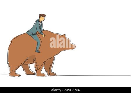 Ein durchgehender einzeiliger Geschäftsmann reitet im Börsenhandelskonzept auf Bär. Börsenanalyse, Geschäft und Investitionen, Börse. Stock Vektor