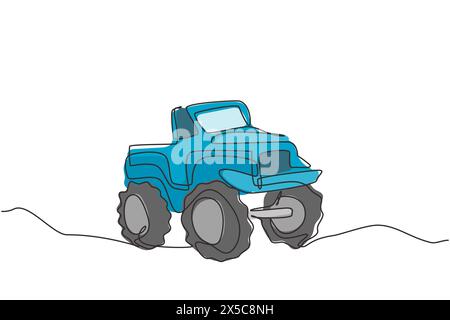 Eine durchgehende Linie, die einen großen Monster-Truck zieht. Lustiger Cartoon-Stil. Seitenansicht. Extreme Automobile. Automatisch in flacher Ausführung. Kinderspielzeug Monster Truck Stock Vektor