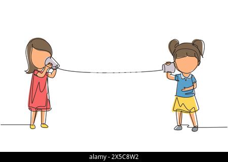 Eine einzige Zeile, die Mädchen zeichnet, die über Blechdose telefonieren. Zwei Freunde, die mit einem selbst erstellten Sprachübertragungsgerät telefonieren, Kinder haben Spaß beim spe Stock Vektor