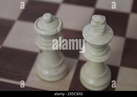 Der weiße König und die Königin stehen auf einem Schachbrett Stockfoto