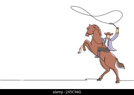 Eine einzige Linie, die Cowboy mit Lasso auf Aufzuchtpferd zeichnet. Cowboy mit Seillasso auf Pferd. Amerikanischer Cowboy reitet Pferd und wirft Lasso. Continuo Stock Vektor