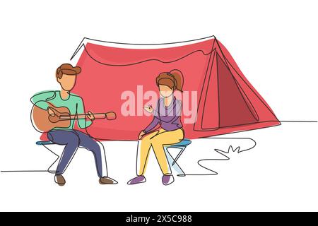 Durchgehend eine Linie zeichnend Paar Touristen Camping. Wohnmobil sitzt am Lagerfeuer neben dem Zeltlager, spielt Gitarre, die Leute genießen ein Picknick in der Natur Stock Vektor