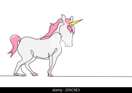 Durchgehende einzeilige Zeichnung Unicorn. Magisches, süßes Einhorn. Schwarz springendes, fiktives Märchentier. Magisches Einhorn, das auf Wind läuft. Kinderphantasie. Sünde Stock Vektor