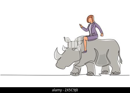 Einzelne durchgehende Linienzeichnung Geschäftsfrau reitend Nashorn Symbol des Erfolgs. Metapher-Konzept des Unternehmens, mit Blick auf Ziel, Leistung, Führung. Stock Vektor