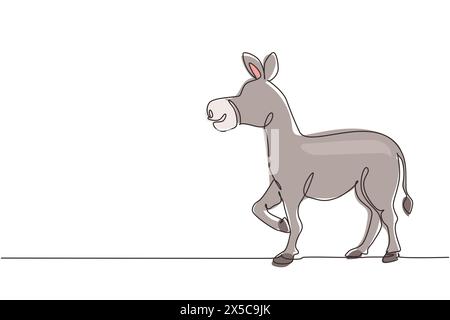 Eine einzelne Linie zeichnet Esel niedliches Bauernhoftier hebt ein Vorderbein an. Freundliche, zahme Tiere. Unterstützung der Landwirte beim Einbringen landwirtschaftlicher Erzeugnisse. Moderner Continuo Stock Vektor