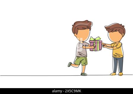 Kontinuierlicher, einzeiliger Zeichenjunge, der seinem Freund Geburtstagsschleife schenkt. Kinder sind begeistert, ein Geschenk von einem Freund zu erhalten. Kinderübergabe Urlaub p Stock Vektor