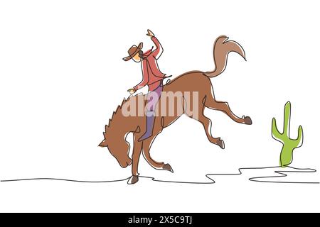 Eine durchgehende Linie, die Cowboy auf Wildpferdemustang zieht. Rodeo Cowboy reitet auf einem Holzschild auf einem wilden Pferd. Cowboy reitet Wildpferderennen. Dynamisches Modell Stock Vektor