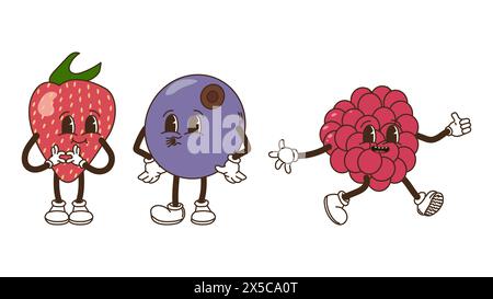Obst und Beeren im groovigen Stil. Erdbeeren Heidelbeeren und Himbeeren. Charaktere trendiges Retro-Comic-Maskottchen. Bannerposter entwerfen. Y2K Hippie 70er, 80er Jahre Vektorabbildung. Stock Vektor