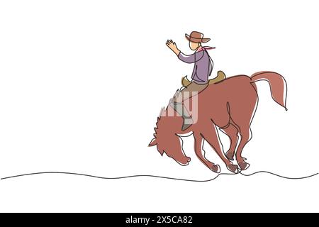 Durchgehende einzeilige Zeichnung eines Cowboys, der bei Sonnenuntergang auf der Bronco reitet. Rodeo Cowboy auf der Pferderanch. Wildes Pferderennen. Cowboy zähmt wildes Pferd beim Rodeo. S Stock Vektor