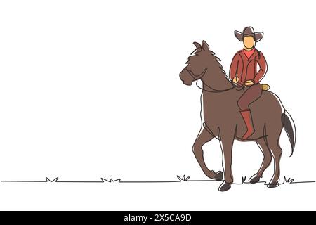 Eine durchgehende Linie zeichnet Cowboy, der in der Wüste auf einem stehenden Pferd reitet. Mann mit Cowboyhut reitend Pferd. Ältere Männer posieren elegant zu Pferd. Dynami Stock Vektor