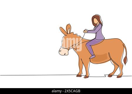 Durchgehende einzeilige Geschäftsfrau, die Esel reitet. Geschäftsfrau reitet Esel. Treibender Esel. Zielerreichungskonzept. Unternehmenswettbewerb. Stock Vektor
