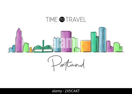 Durchgehende Linie mit der Skyline von Portland, Oregon. Berühmte Stadt-Kratzer-Landschaft. World Travel Home Wanddekor Kunstdruck Konzept. Einzel Stock Vektor