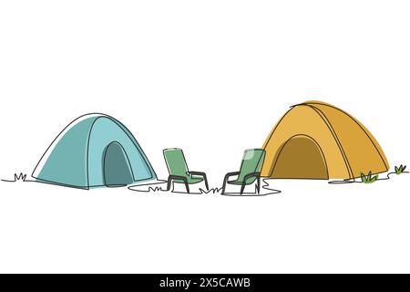 Einzeilige Zeichnung der Campinglandschaft auf dem Campingplatz. Zwei Zelte mit zwei Sesseln im Wald auf Gras. Sommercamping in der Natur. Ökotourismus. Stock Vektor