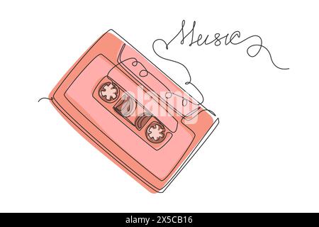 Durchgehender einzeiliger Musiktitel mit Illustration auf Kassettenband. Kompakte Retro-Kassette. Rotes Vintage-Audiokassettenband im Doodle-Stil Stock Vektor