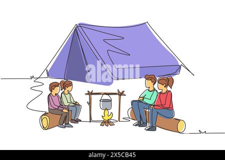 Durchgehende einzeilige Wanderungen durch Lagerfeuerzelte ziehen Wasser im Topf kochen. Eltern und Kind, die sich am Lagerfeuer aufwärmen und auf Baumstämmen sitzen. Einzel Stock Vektor