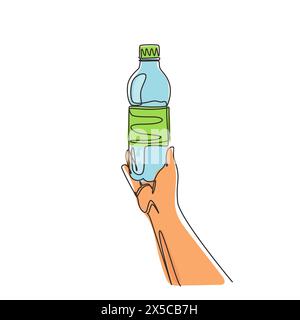 Ein einzelner, durchgehender Zeichner quetscht eine leere Plastikflasche auf weißem Hintergrund in die Hand. Kunststoffproblem und -Ausfall oder Entsorgung und Recycling Stock Vektor
