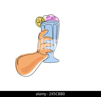 Eine einzelne einzeilige Zeichenhand hält Milchshake aus Glas mit Schlagsahne. Kaltes alkoholfreies Getränk für den Sommer. Süßes Getränk. Leckeres und leckeres Fast Food. Continuo Stock Vektor