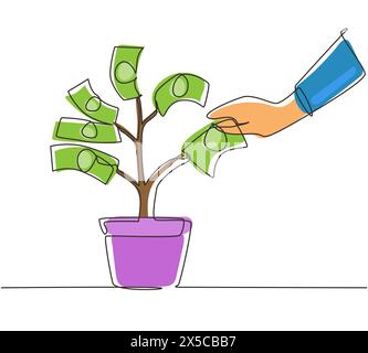 Eine einzelne durchgehende Zeichnungslinie nimmt die Dollarscheine vom Geldbaum auf. Hand eines Geschäftsmannes, der Geldbaum gießt. Konzept des Einkommens, Erfolg in Stock Vektor