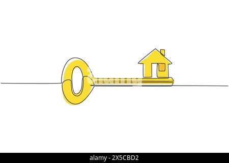 Einfacher einzeiliger Zeichenschlüssel mit Hausform. Home Security Key House Logo Design. Immobilienkonzept, Vorlage für Verkauf, Vermietung, Werbung. Konti Stock Vektor