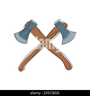 Symbol für durchgehende einzeilige Zeichnung der Holzfällerachsen. Gekreuzte Äxte, gekreuzte Feuerwehraxt, Feuerwehraxt, Hatchet im Vektorformat. S Stock Vektor