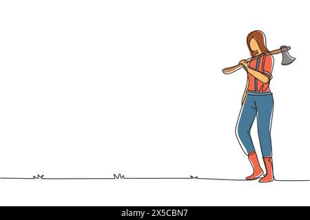 Eine durchgehende Linie zeichnet die niedliche Holzfäller-Stehaxt. Ich trage Hemd, Jeans, Stiefel. Auf ihrer Schulter eine Axt halten. Innenholzschneider p Stock Vektor