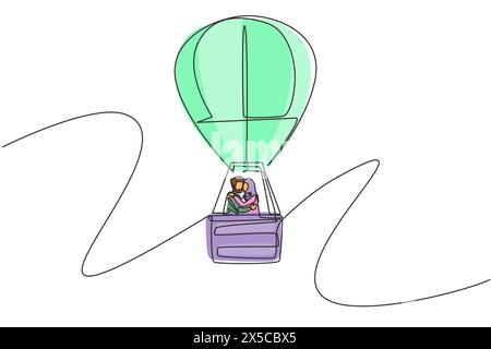 Einzelne durchgehende Linienzeichnung Illustration von Liebe küssenden arabischen Paaren im Heißluftballon in Himmel und Wolken, amouröse Beziehung. Romantische Straße t Stock Vektor
