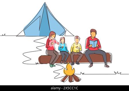 Durchgehend eine Linie, die glückliche Familie auf dem Sommercamping zieht und Zeit zusammen verbringt. Dad liest Bücher in der Nähe des Lagerfeuers. Mom, Sohn, Tochter, hör auf den Stator Stock Vektor