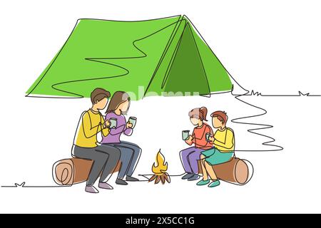 Einzelne durchgehende Linie zeichnet glückliches Familiencamping mit Lagerfeuer in der Nacht. Tee trinken, auf Baumstämmen im Wald sitzen. Vater, Mutter und Kinder wandern Stock Vektor