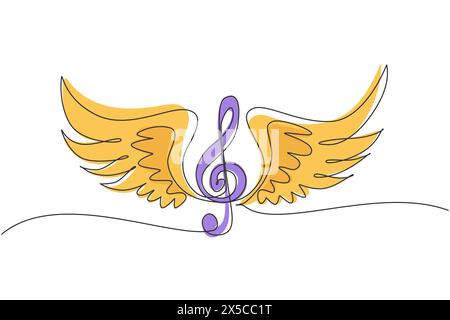 Durchgehende, einzeilige Zeichnung der Höhen mit Flügeln isoliert auf weißem Hintergrund. Geflügelte Feder Violinschlüssel oder Musiksymbol. Musikalisches Logo-Symbol. Einzel Stock Vektor