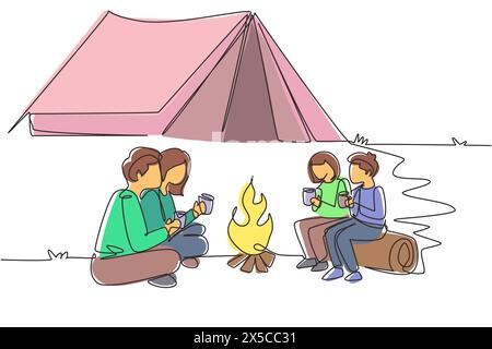 Einzelne durchgehende Linie zeichnet glückliches Familiencamping mit Lagerfeuer und heißem Tee. Kinder sitzen auf Baumstämmen, Mom Dad sitzt auf dem Boden im Wald. Wil Stock Vektor