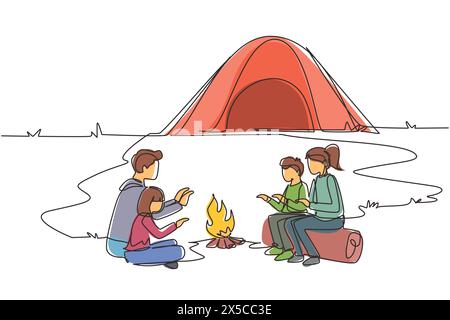 Eine einzige Linie zeichnet fröhliche Camping- oder Wanderfamilien, die ihre Körper um Lagerfeuerzelte erwärmen. Dad und Sohn sitzen auf dem Boden, Mom und Tochter auf dem Holzblock Stock Vektor