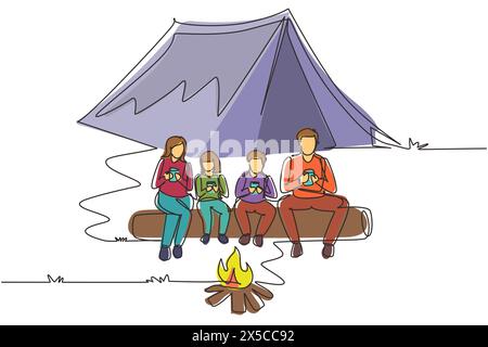 Eine einzelne Linie zeichnet aktiv Wanderer Familiencamping mit Lagerfeuer. Ich trinke heißen Tee auf Baumstämmen im Wald. Mom, Dad, Sohn und Tochter. Familienzeit Stock Vektor