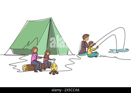 Eine einzige Linie zeichnet glückliches Familiencamping. Mutter, die Fisch mit Tochter röstet. Vater, der mit seinem Sohn Fische fängt. Sommer-Camper-Reisekonzept Stock Vektor