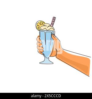 Die Hand mit durchgehender, einzeiliger Zeichnung hält Milchshake aus Glas mit Schlagsahne. Kaltes alkoholfreies Getränk für den Sommer. Süßes Getränk. Leckeres und leckeres Fast Food. Singen Stock Vektor