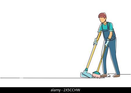 Einzelne durchgehende Linienzeichnung männlicher Housekeeping-Arbeiter mit Besen und Kehrschaufel. Junger Hausmeister, der den Boden mit Besen fegt, einen Schmutzfänger hält, Profi Stock Vektor