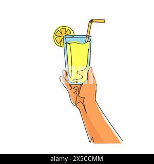 Einzelne durchgehende Linie mit Hand haltendem Glas mit Zitronenfruchtsaft. Süßes Getränk. Leckeres und leckeres Essen. Saftiges Wasser mit Strohhalm, köstliches Trea Stock Vektor