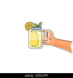 Durchgehende einzeilige Hand mit köstlichem Becher mit gelber Limonade mit Eis und frischer Minze. Sommer gesundes Fruchtgetränk. Gesundes Zitronengetränk mit m Stock Vektor