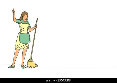 Eine einzige Zeilenzeichnung, lächelnde Angestellte der Reinigungsfirma, die Besen hält und die Daumen nach oben zeigt. Viel Spaß beim Putzen. Reinigungsfirma. Co Stock Vektor