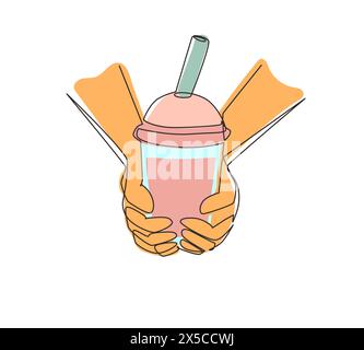 Durchgehende, eine Linie zeichnende Hände halten Trinken brauner Zuckergeschmack Tapioka Perle Bubble Milchtee mit Glasstroh auf dem Nachtmarkt von Taiwan. Einfach Stock Vektor