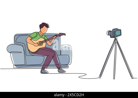 Ein einzelner Mann mit durchgehender Linienzeichnung, der Videoclip seiner Gitarre mit Kamera auf einem Stativ aufnimmt. Männlicher Vlogger Influencer, der Musik für Show t Stock Vektor