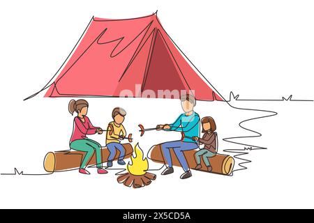 Durchgehende einzeilige Zeichnung glückliche Familie sitzen am Lagerfeuer. Fröhliche Touristen, Camper. Mom Dad und Kinder Braten Würstchen. Abenteuerlicher Ausflug zum Camping bei Nacht. Si Stock Vektor