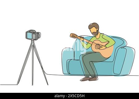 Einzeilige Zeichnung eines arabischen Mannes, der ein Video seines Gitarrenspiels mit der Kamera auf einem Stativ aufnimmt. Männlicher Vlogger Influencer, der Musik für Show zu STR Stock Vektor